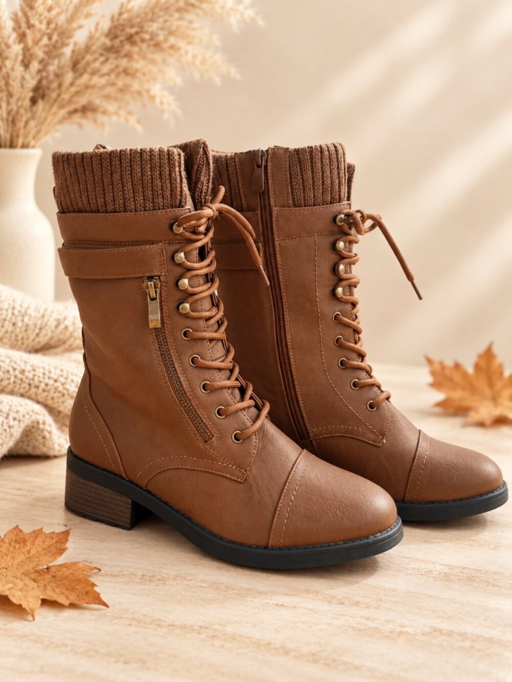 Brown Lace Up Zip Combat Boots Knit Cuff Size 8.5 NWOT